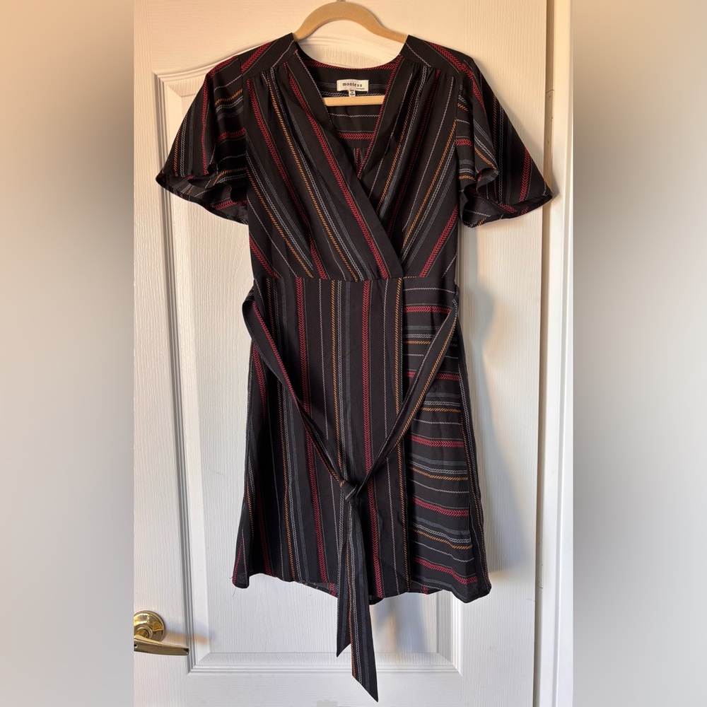 Monteau Striped Faux Wrap Dress women’s medium black short sleeve poly blend